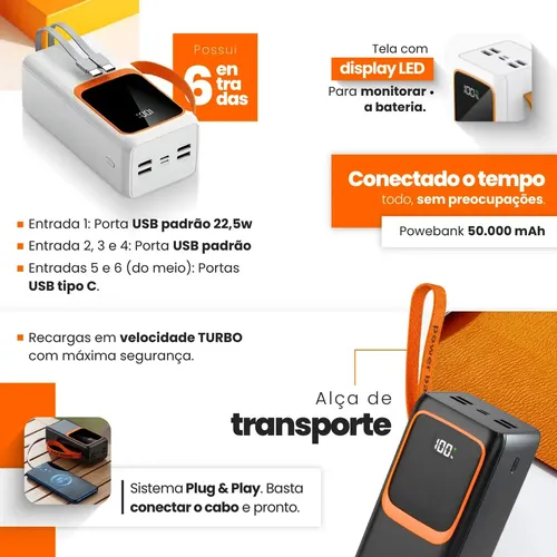 Power Bank Turbo Carregador Portátil 50.000mah Turbo 22.5w Premium Universal Rápida Carga Para Celular iPhone Xiaomi Motorola LG Smartwatch Tablet D