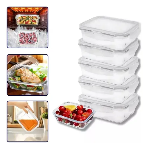 Kit 5 Potes Vidro Hermético 640ml Marmita Forno Micro-ondas Transparente