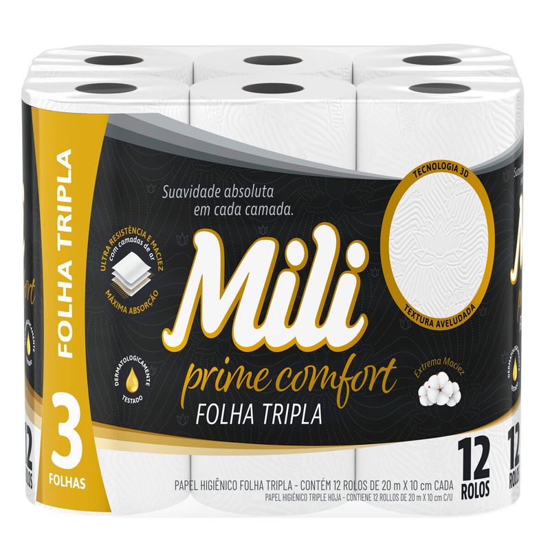 Mili Papel Higiênico Folha Tripla Prime Comfort, Picotado e Texturizado, 12 Rolos de 20 metros
