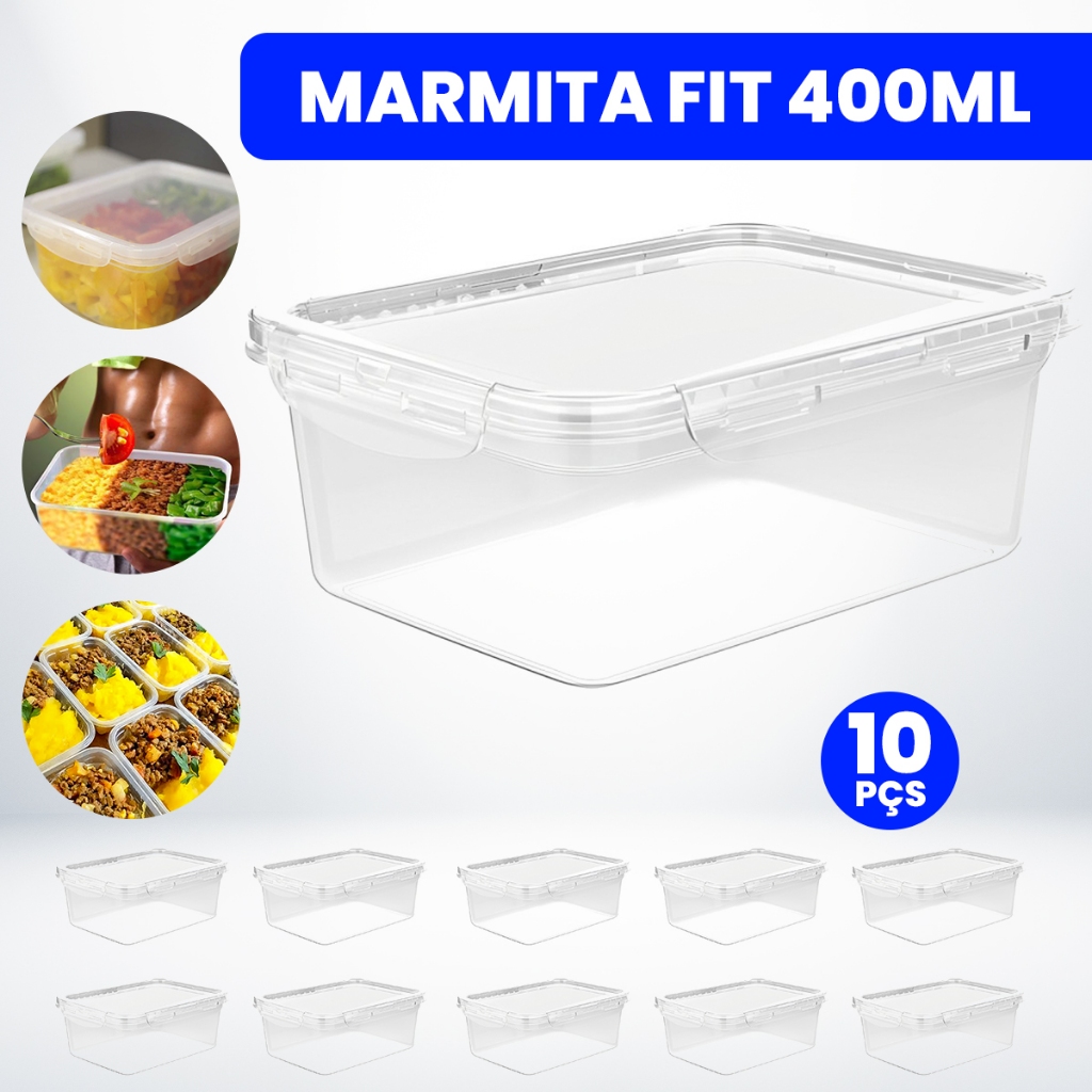 Kit 10 Potes Marmita Fit 400ML Retangular Com Tampa 4 Travas