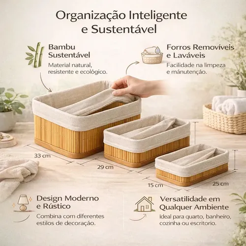 Kit 3 Cestos Organizadores de Bambu Retangulares com Forro Lavável Multiuso Organizar Casa Banheiro Cozinha Guarda-Roupa Lavanderia Armazenamento de Objetos - Nany Pink